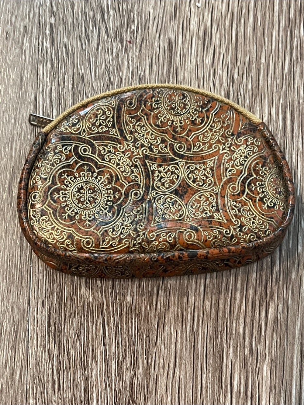 Vintage Ornate Brown Cosmetic Pouch or coin purse with Gold Embossed Design